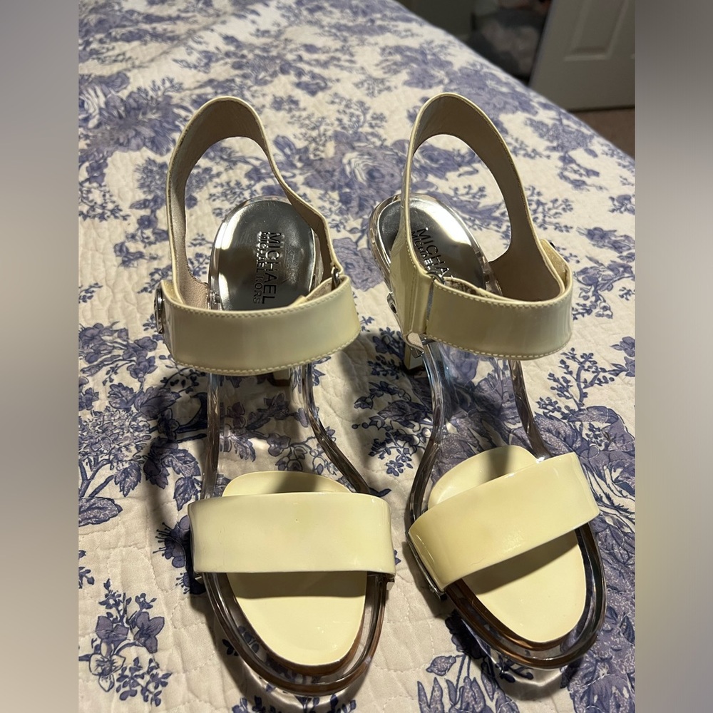 Michael Kors white patent leather clear base